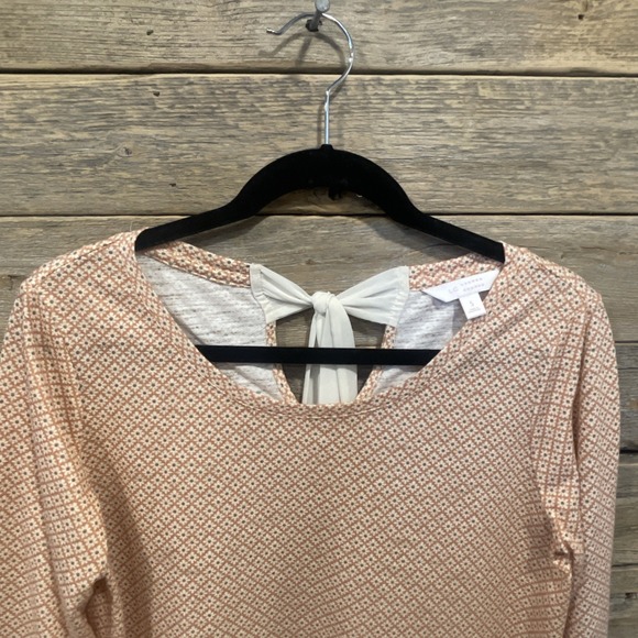LC Lauren Conrad Long Sleeve Floral Print Top Sz S Orange Lace Trim Bow Tie Neck - Picture 6 of 9